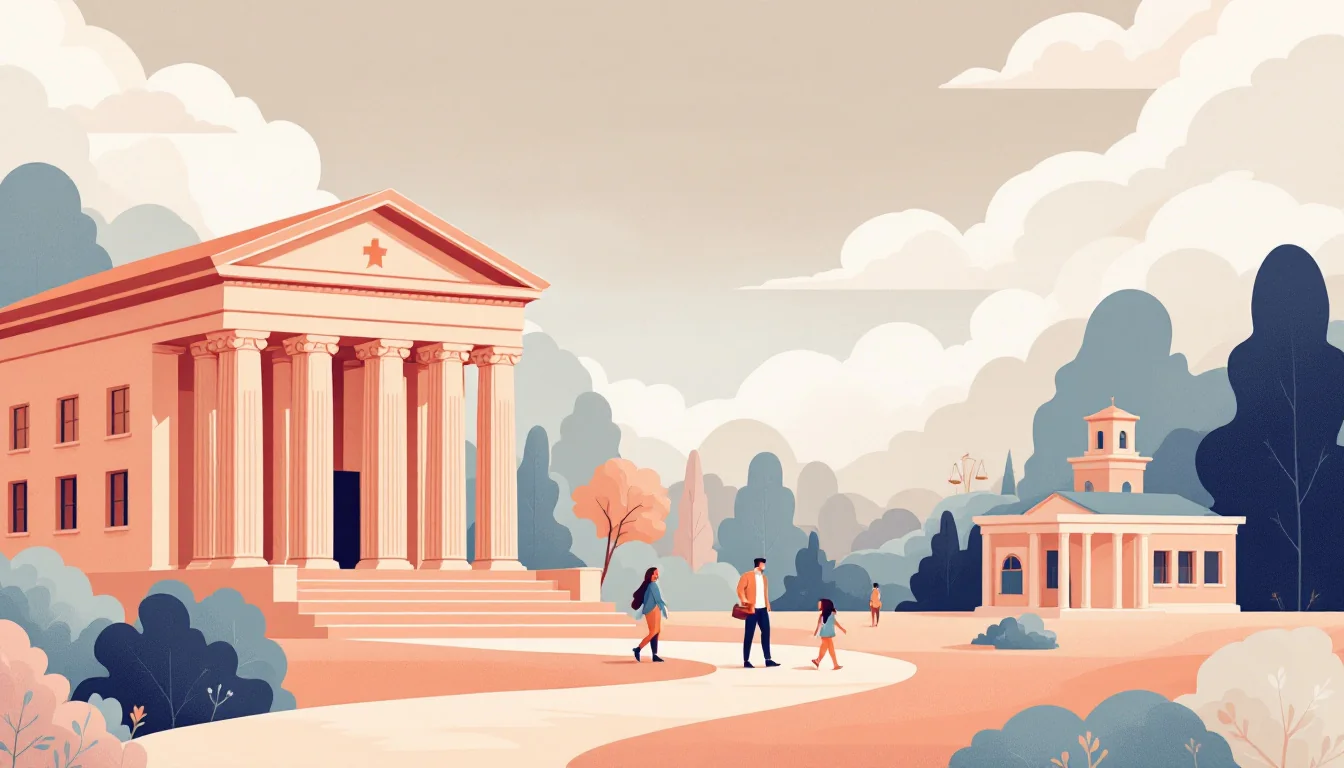 Illustration of a courthouse with scales of justice and a pathway leading toward a treatment clinic