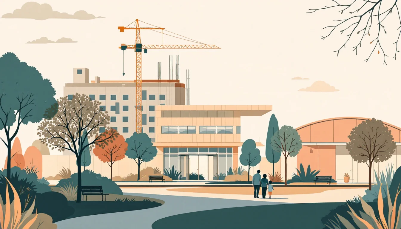 Hospital building under construction with a healing garden and families walking toward the entrance, warm editorial illustration