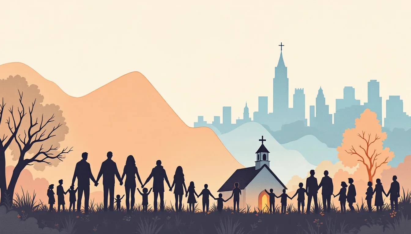 Warm editorial illustration of a declining chart line beside a supportive community gathering outside a neighborhood church
