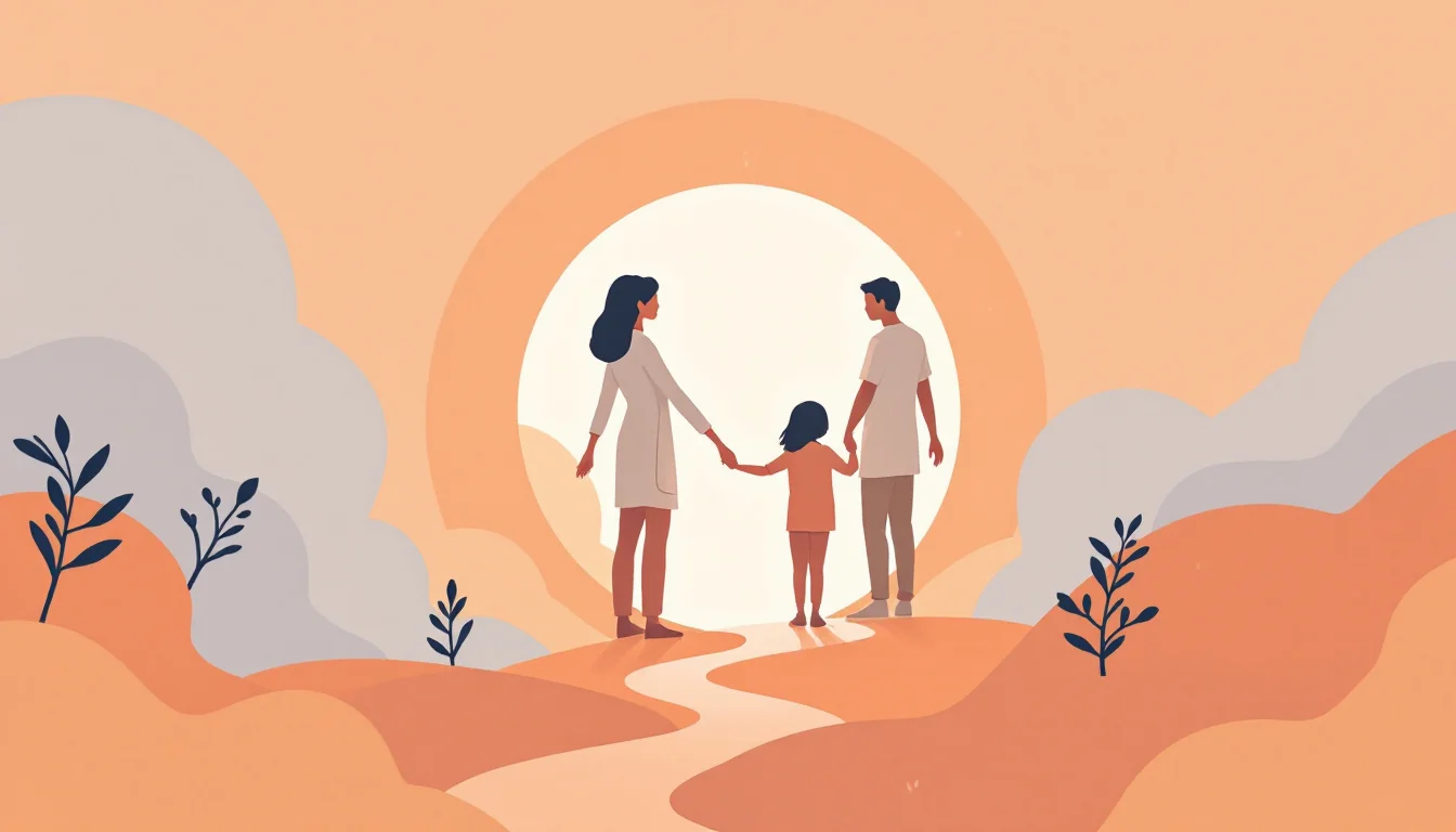 Warm illustration of a caregiver and child silhouettes inside a protective network of support