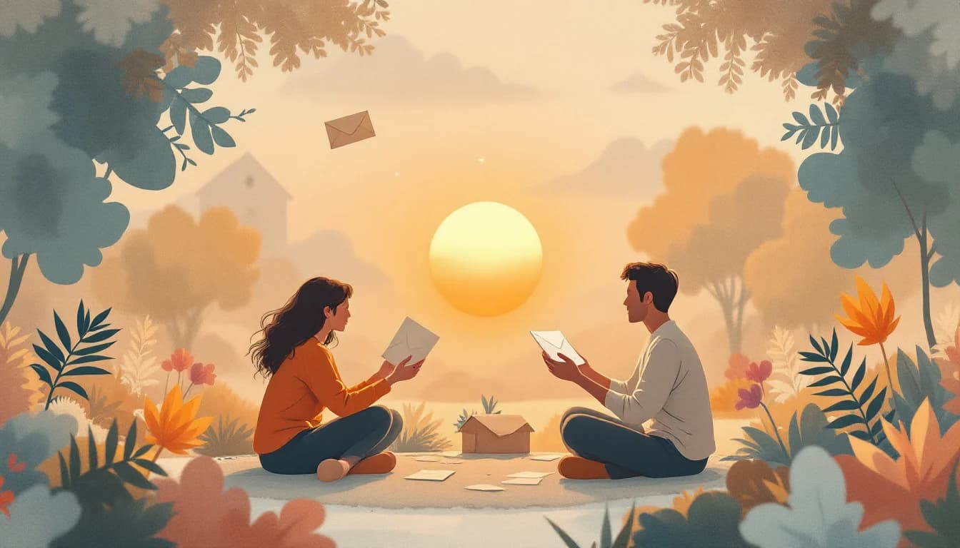 Warm editorial illustration of postage stamp frames with a supportive community circle around a single figure