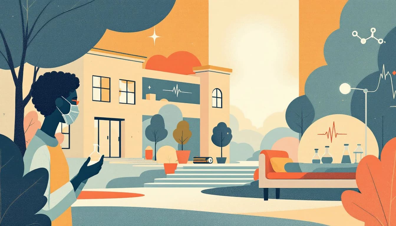 Warm editorial illustration of a research building, a heart-monitor line and a molecule symbol beside a rising pathway