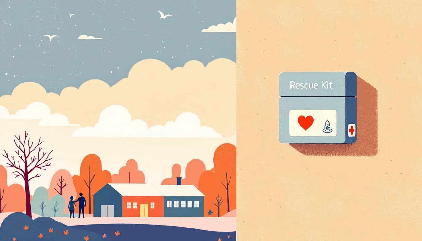 Warm editorial illustration of wall-mounted rescue kits with a nasal spray symbol in a school hallway and a supportive circle of figures