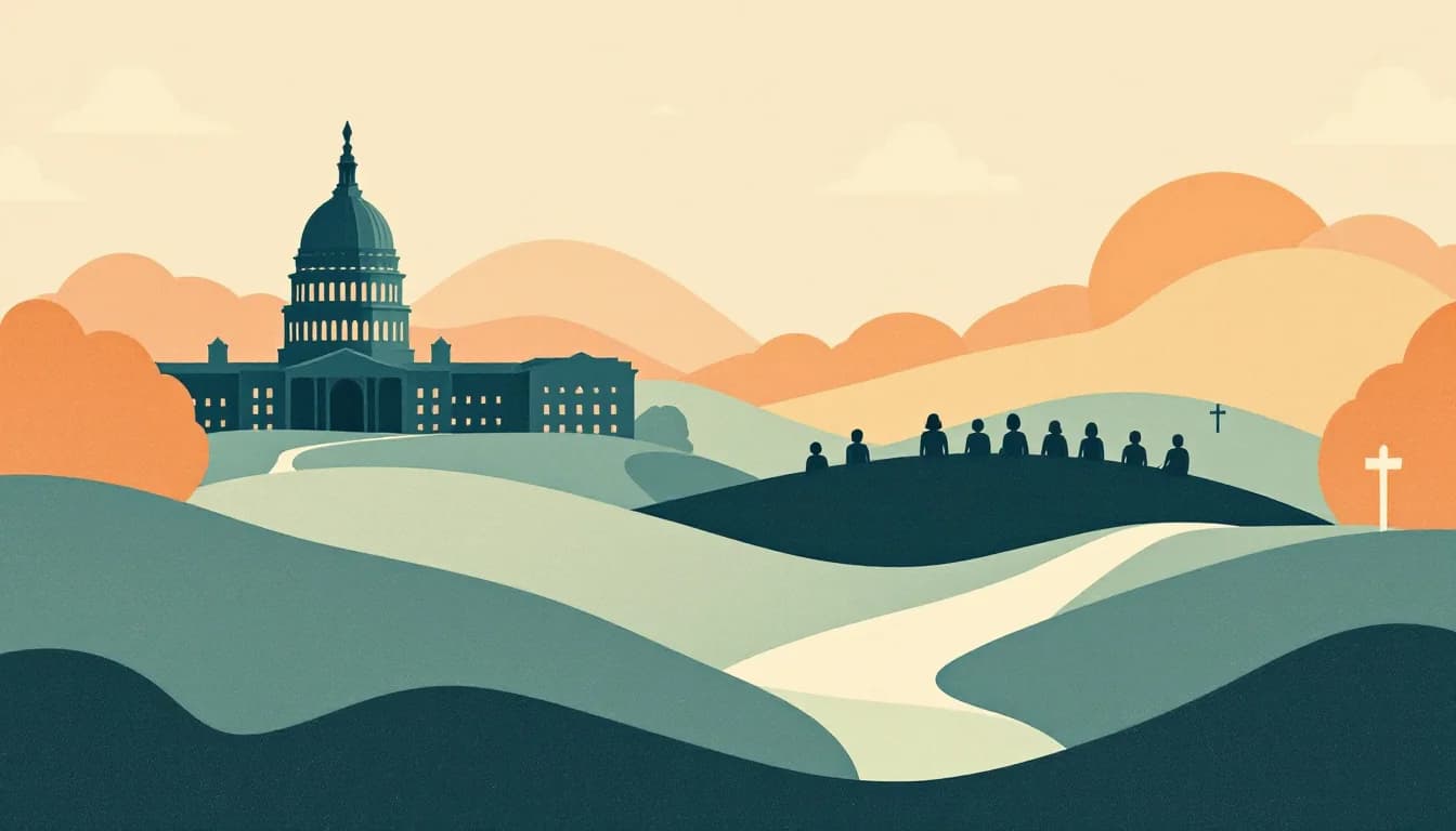 Warm editorial illustration of a helpline headset, a supportive peer circle and a state capitol silhouette with a path leading toward help