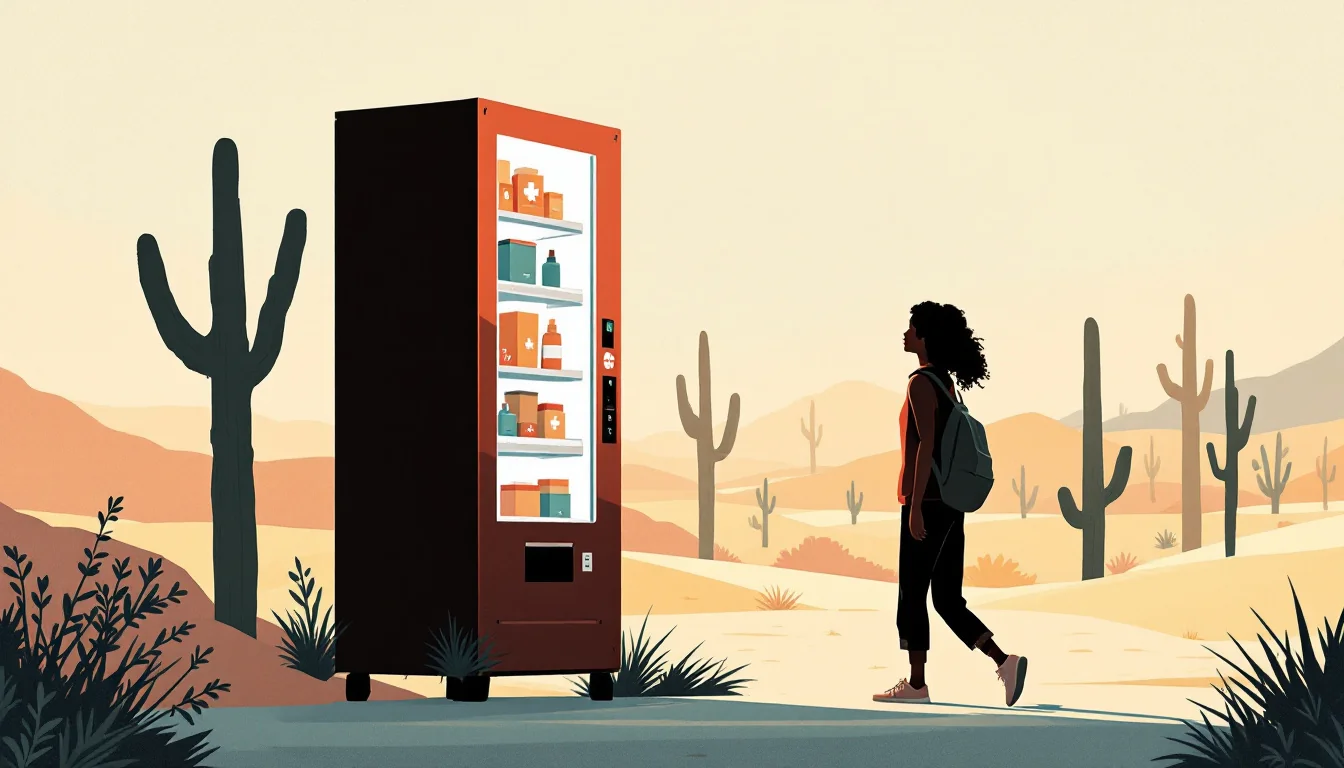 Warm editorial illustration of a vending machine on a desert college campus dispensing naloxone and health supplies