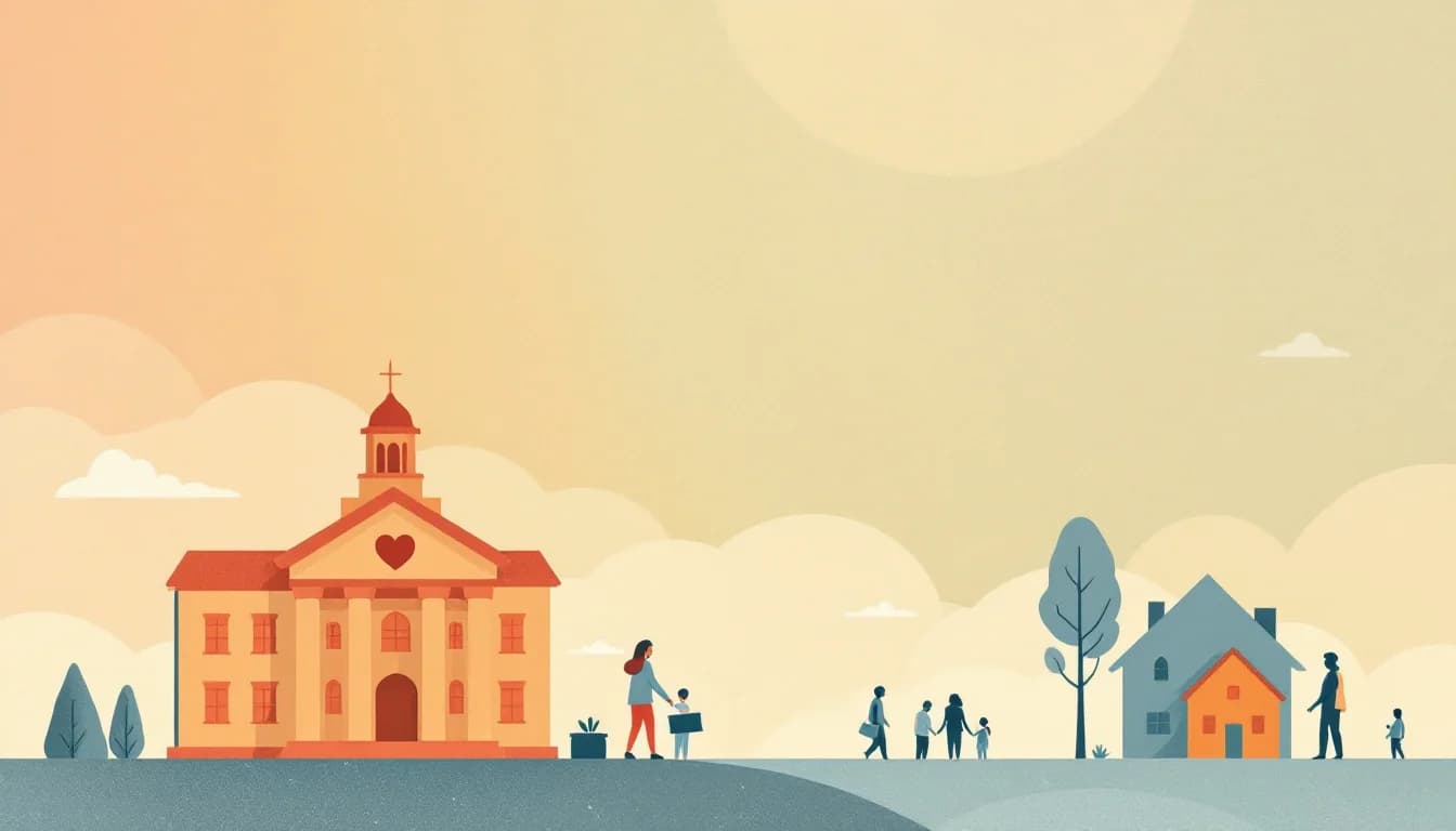 Warm editorial illustration of a county government building, a ballot box and community support network symbols