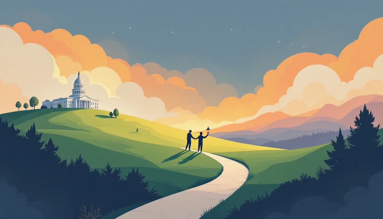 A state capitol on a rolling hill with two figures passing a lantern and a gently descending chart line, warm editorial illustration