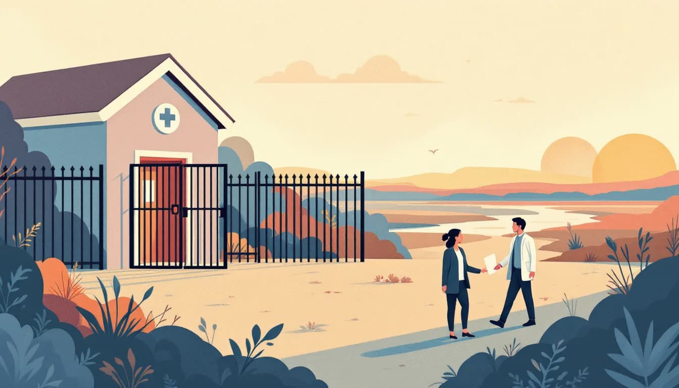 A correctional gate opening toward a small clinic and a sunrise over a river delta, warm editorial illustration