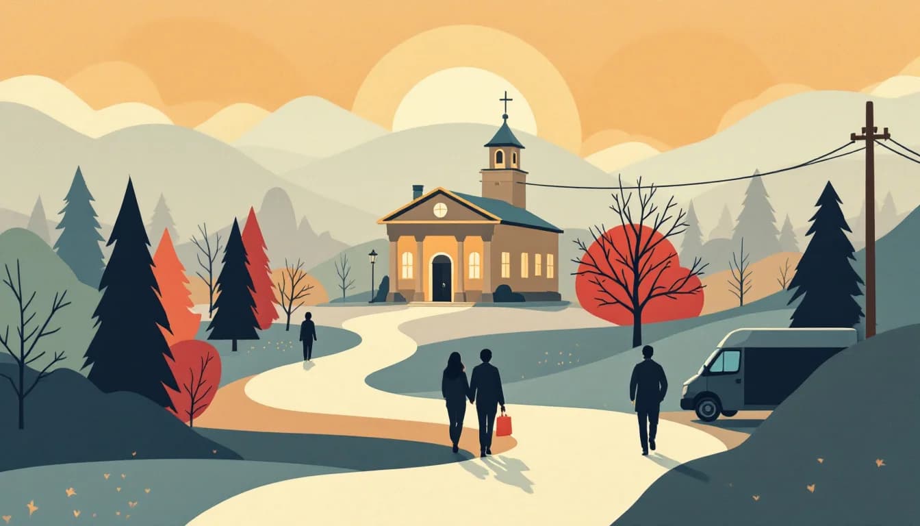 Warm editorial illustration of a courthouse, an open door leading to a care pathway and crisis support symbols