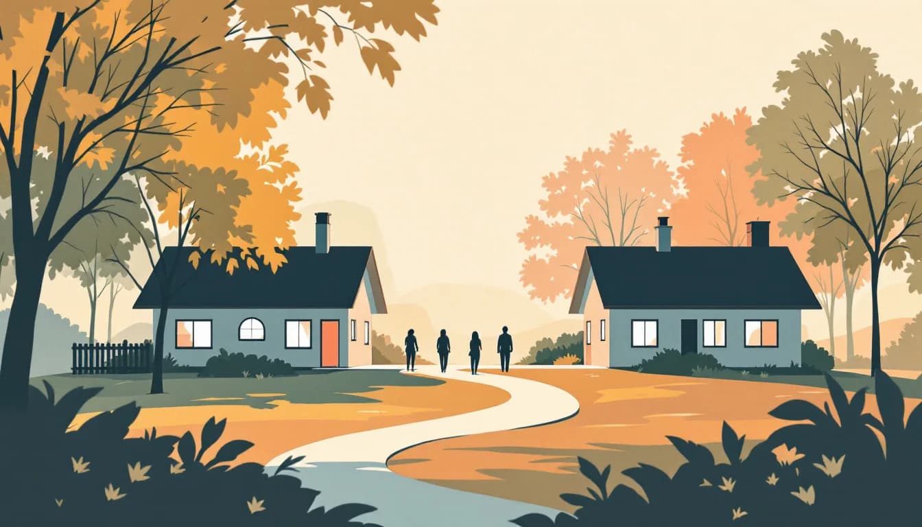 Two residential treatment buildings joined by a walkway among trees, warm editorial illustration