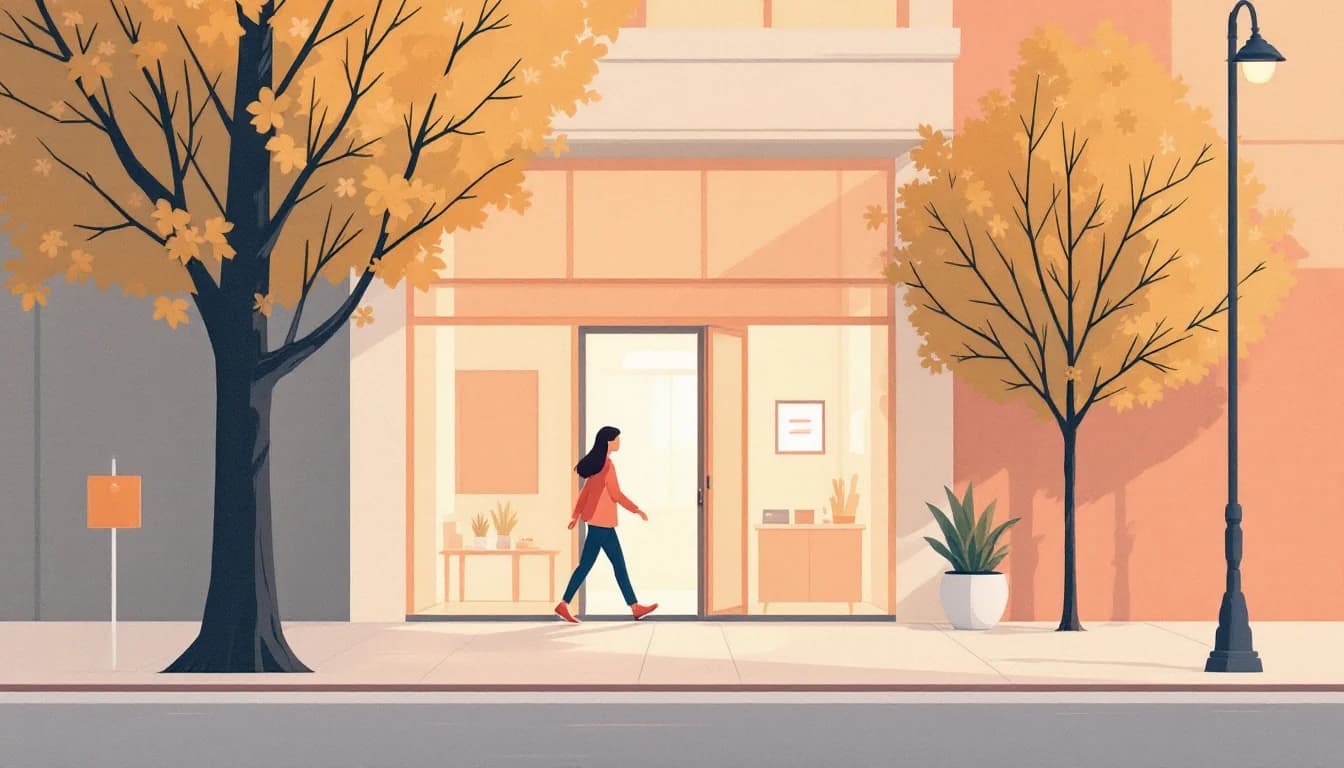 A walk-in clinic entrance with an open door and a reception area, warm editorial illustration