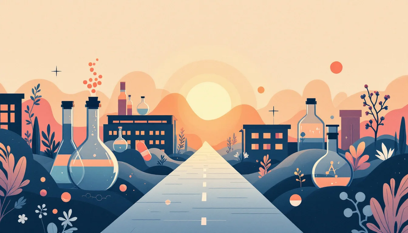 Pharmaceutical research campus with molecule structures, lab glassware and an abstract pain-relief symbol, warm editorial illustration
