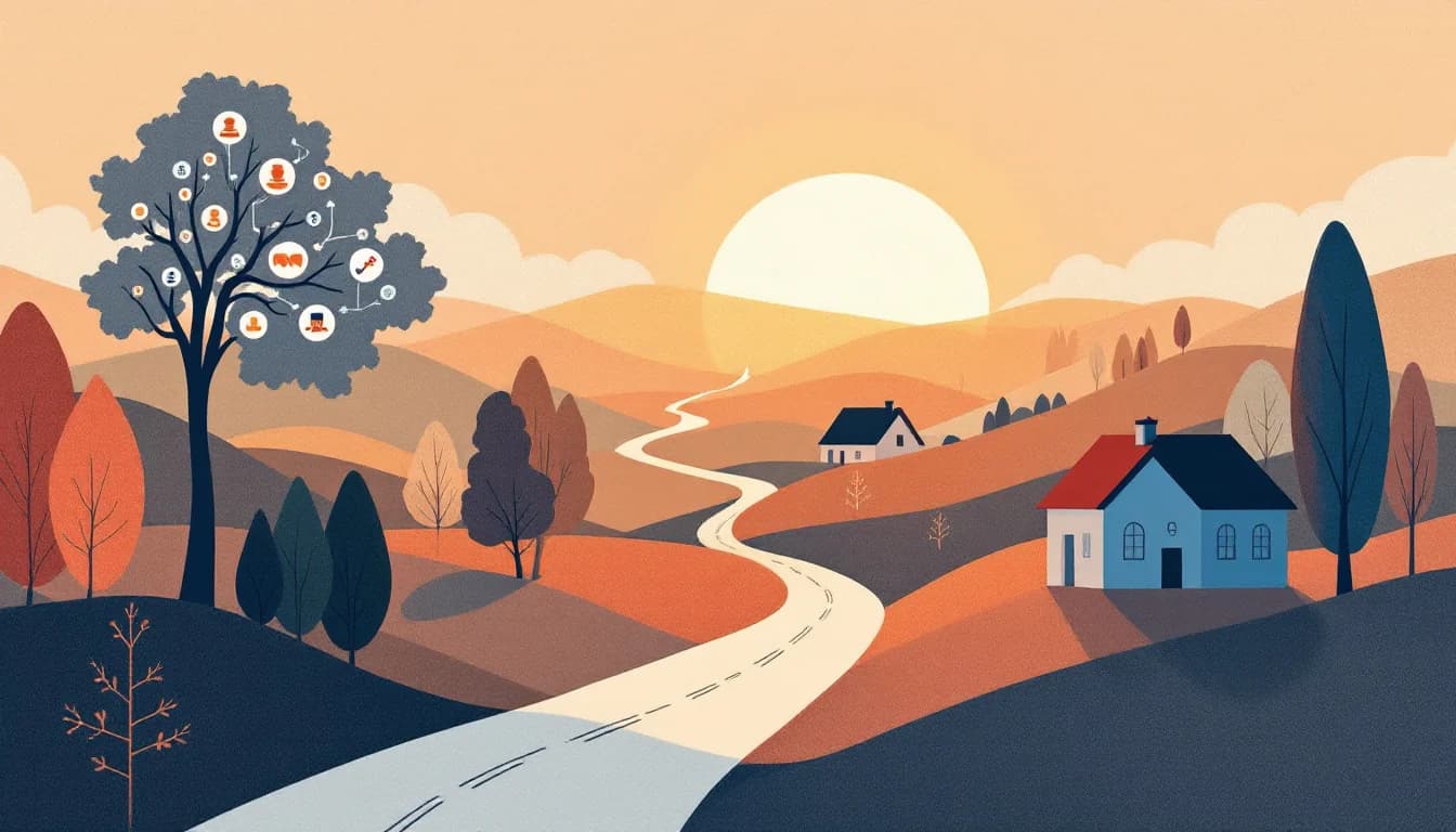 State map outline with resource pathways leading to small-town community buildings, warm editorial illustration