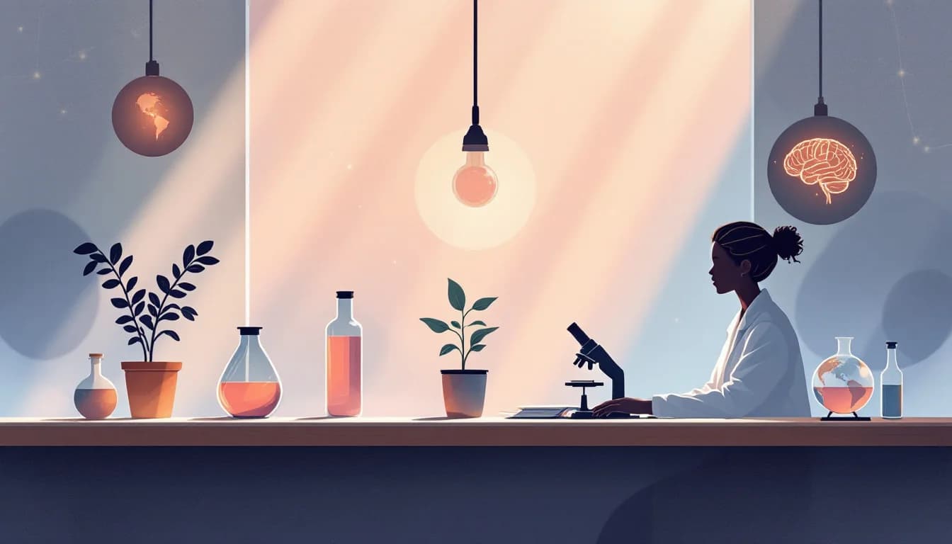 Warm editorial illustration of a research laboratory bench with abstract brain and neural motifs, muted amber and sage tones