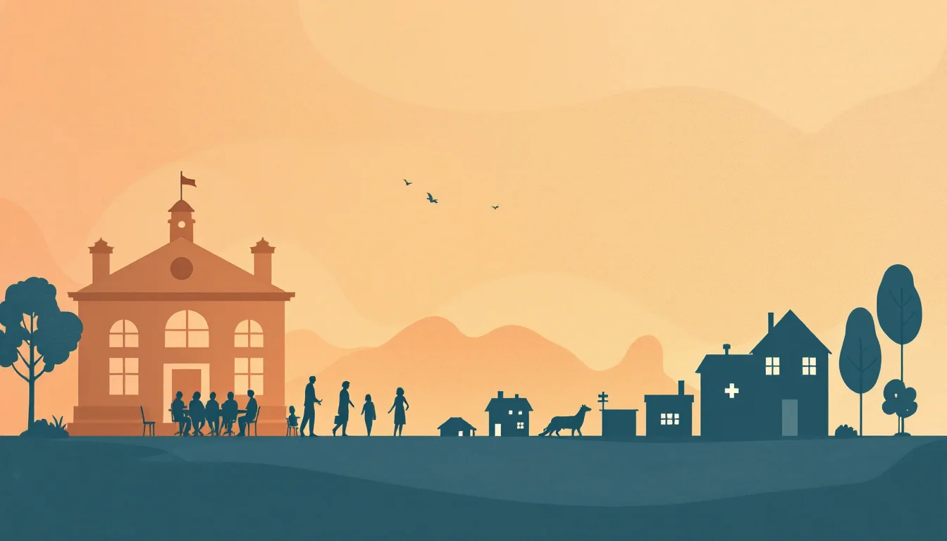 County health building and a review board table with seated silhouettes beside a rising data chart, warm editorial illustration