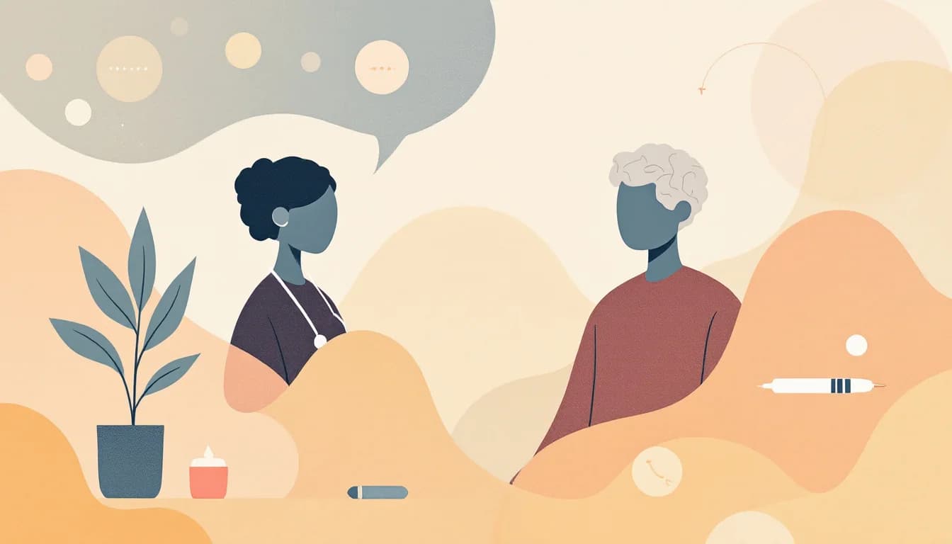 Clinician and patient silhouettes beside a monthly medication schedule symbol, calm editorial illustration