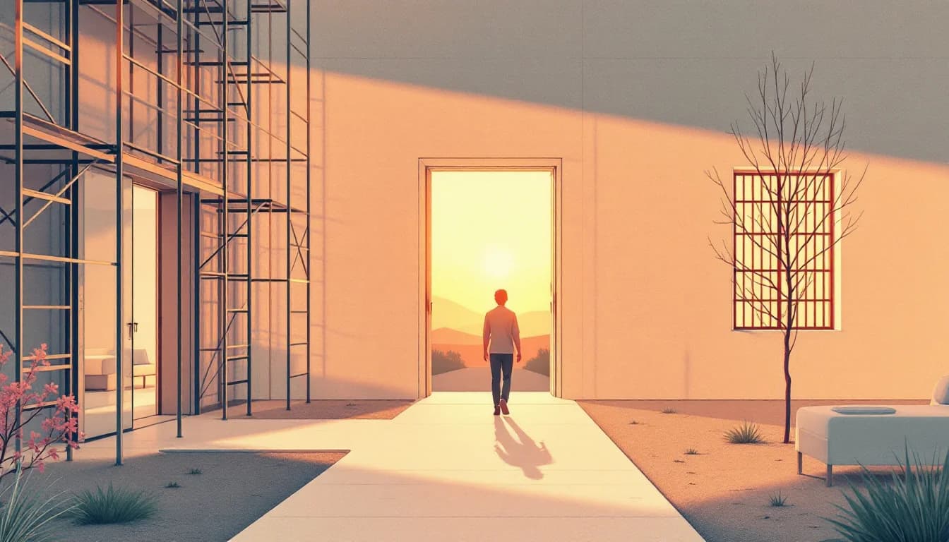 Treatment facility under construction with open doors and a pathway to recovery, warm editorial illustration