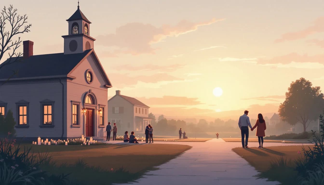 Warm editorial illustration of a county courthouse and community meeting table with hopeful figures, muted amber and sage tones