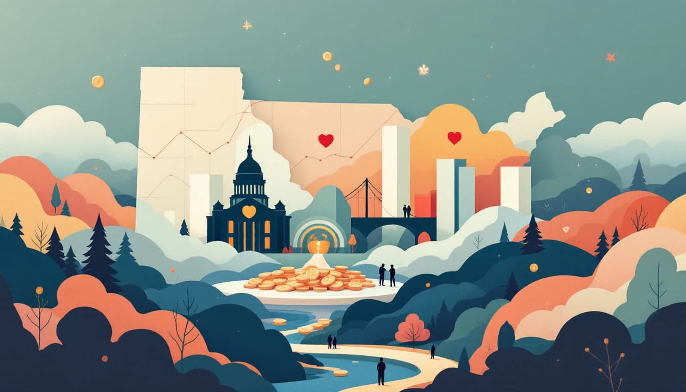 Warm editorial illustration of a state map with interconnected data panels and public health symbols, muted blue and sage tones