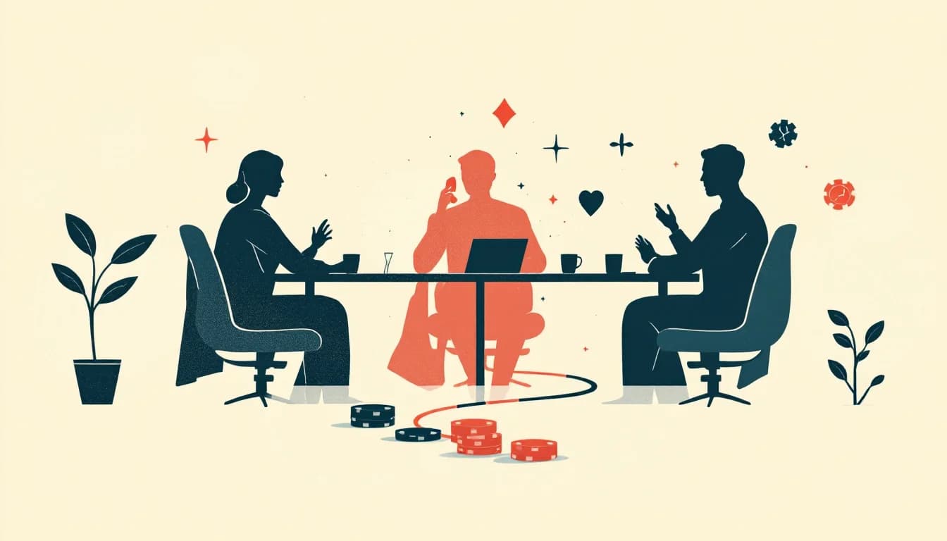 A telephone helpline beside a divided boardroom table and a shield with cards and chips, warm editorial illustration