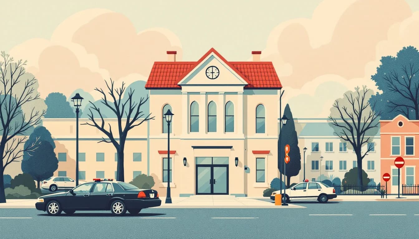 Town hall building with police vehicles and camera silhouettes beside a funding pathway, warm editorial illustration