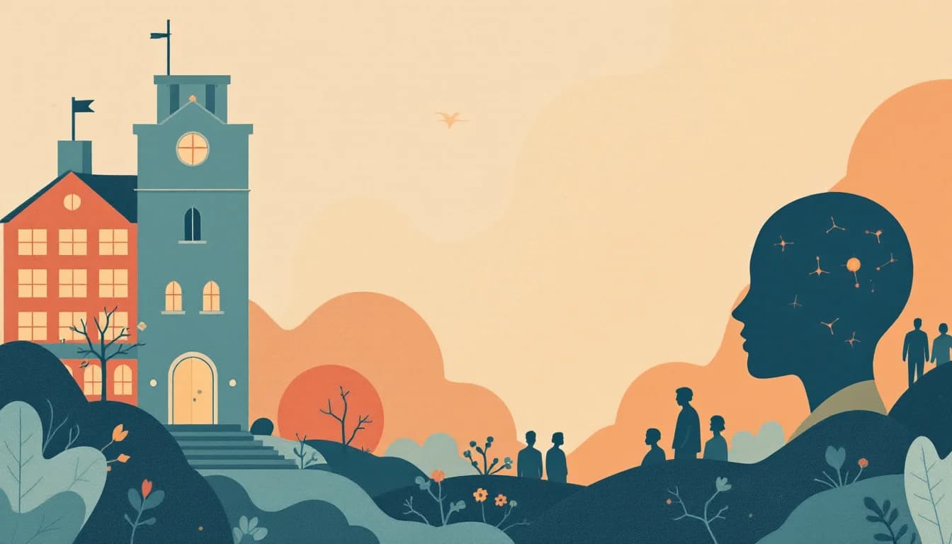 Brain stimulation coil beside a head silhouette in a university research setting, warm editorial illustration
