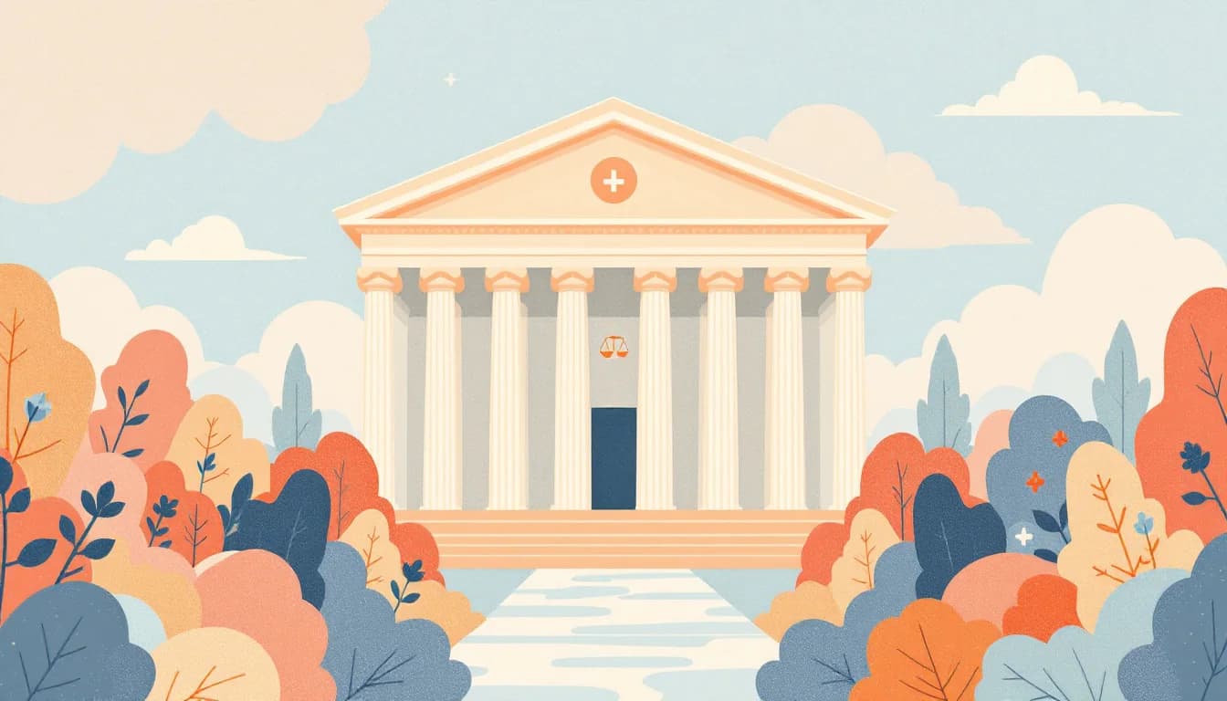 Courthouse with scales of justice balanced against health coverage documents, warm editorial illustration