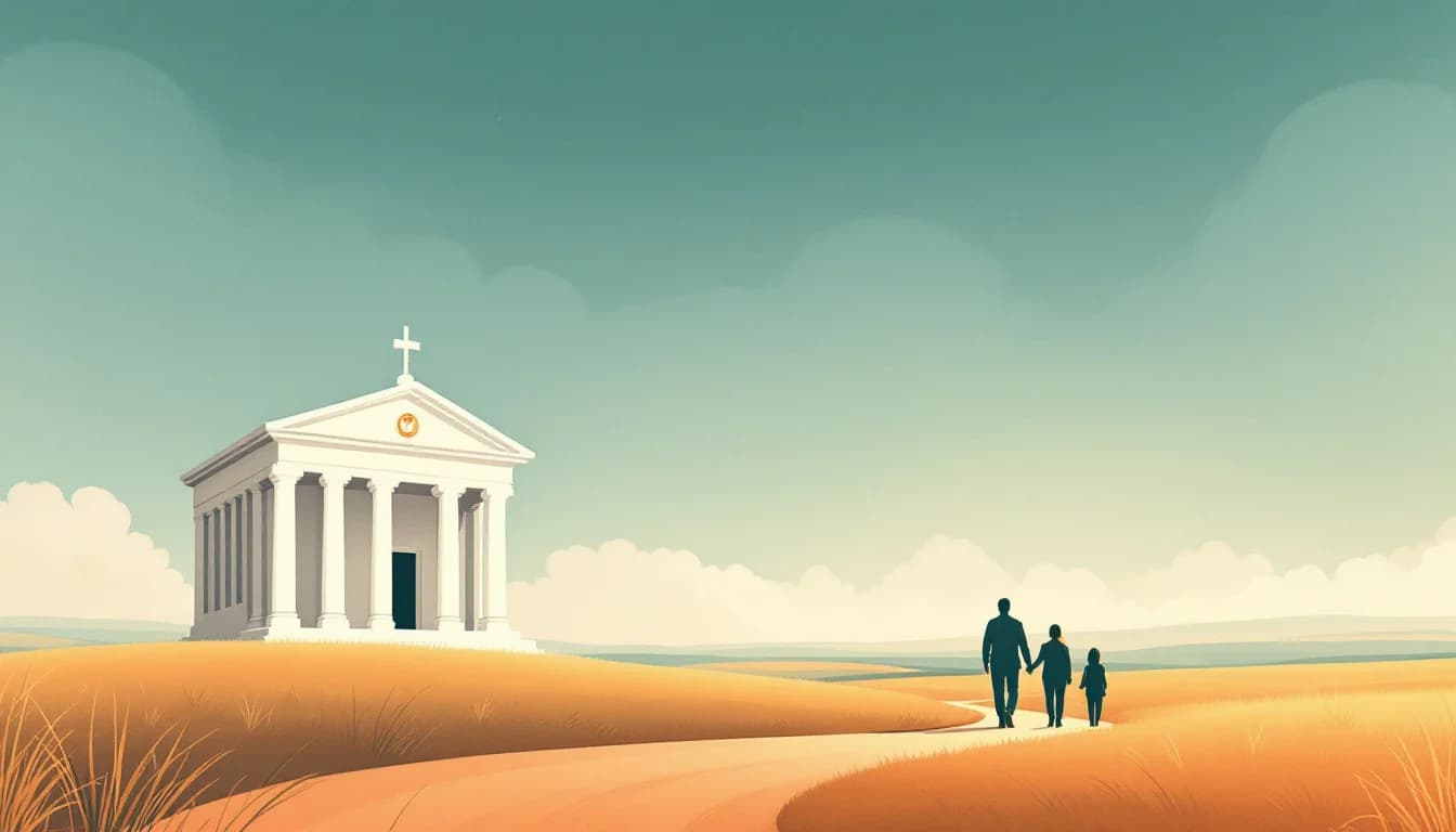 Courthouse with open doors, justice scales and mentor pathways for veterans, warm editorial illustration