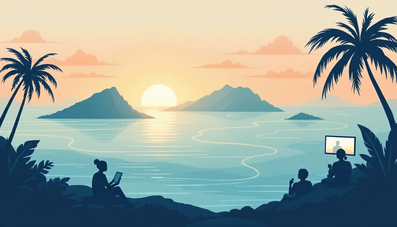 Island silhouettes across an ocean connected by light, with screen and phone shapes, warm editorial illustration