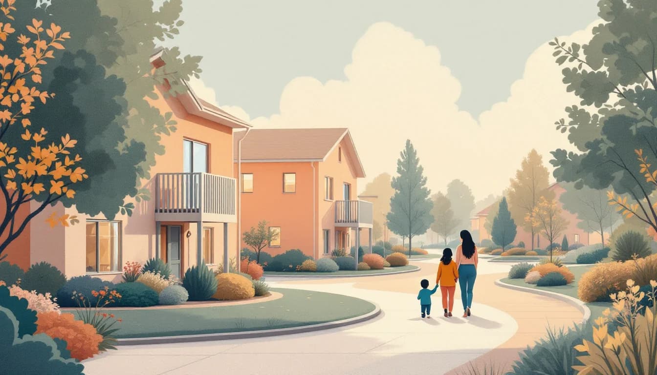 Residential duplexes on a recovery campus with a mother and child walking together, warm editorial illustration