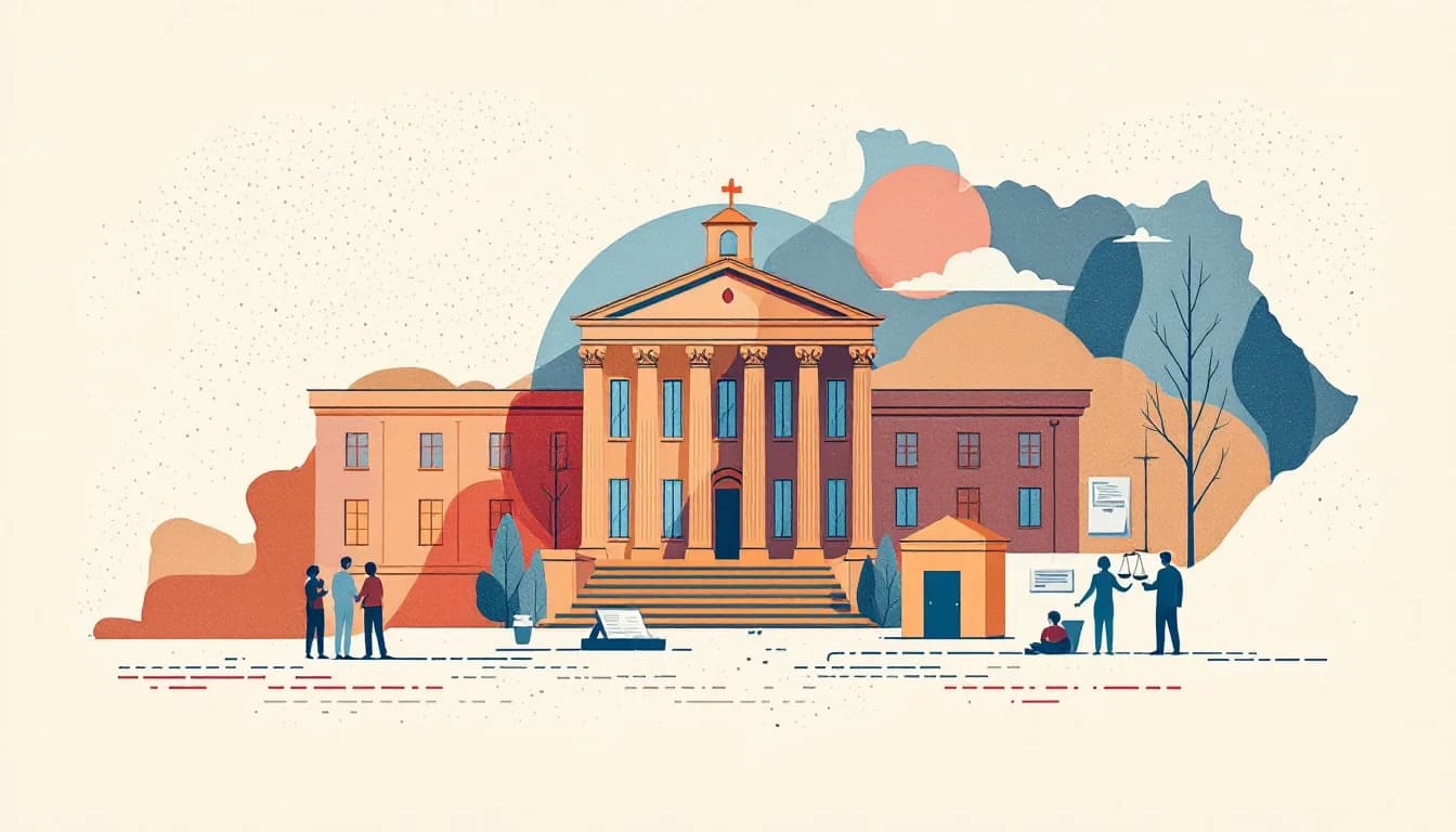 Kentucky state outline with a courthouse and scales of justice beside a residential treatment facility, warm editorial illustration