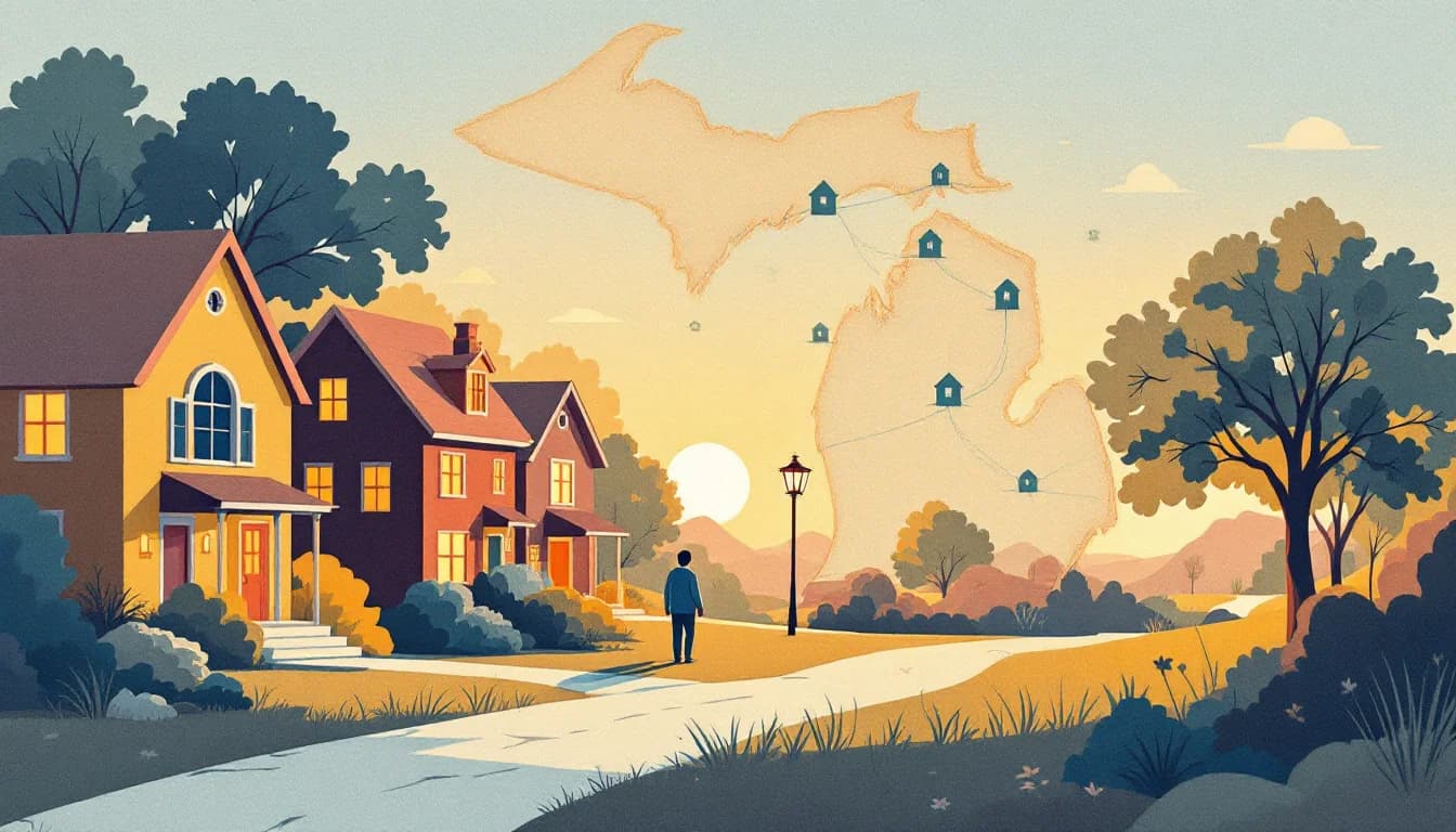 Rows of small houses with open doors linked by pathways across a state outline, warm editorial illustration