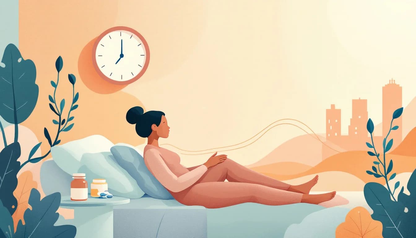 Circular time symbol with medication and waveform shapes beside a care building, warm editorial illustration