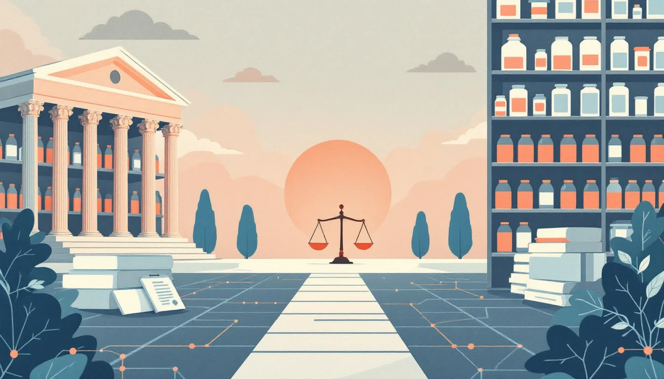 Warm editorial illustration of a courthouse, pharmacy shelving and legal documents in soft muted tones