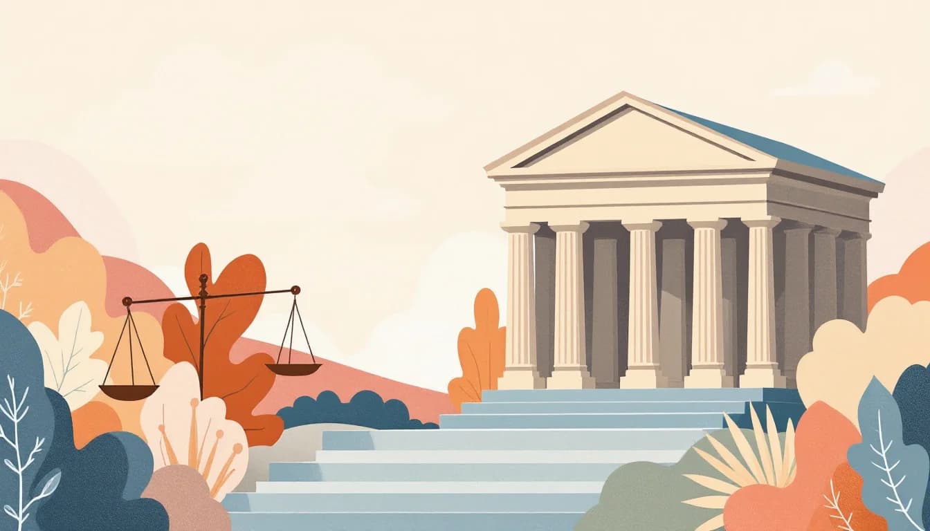 Courthouse and audit document symbols with clinical care icons, warm editorial illustration
