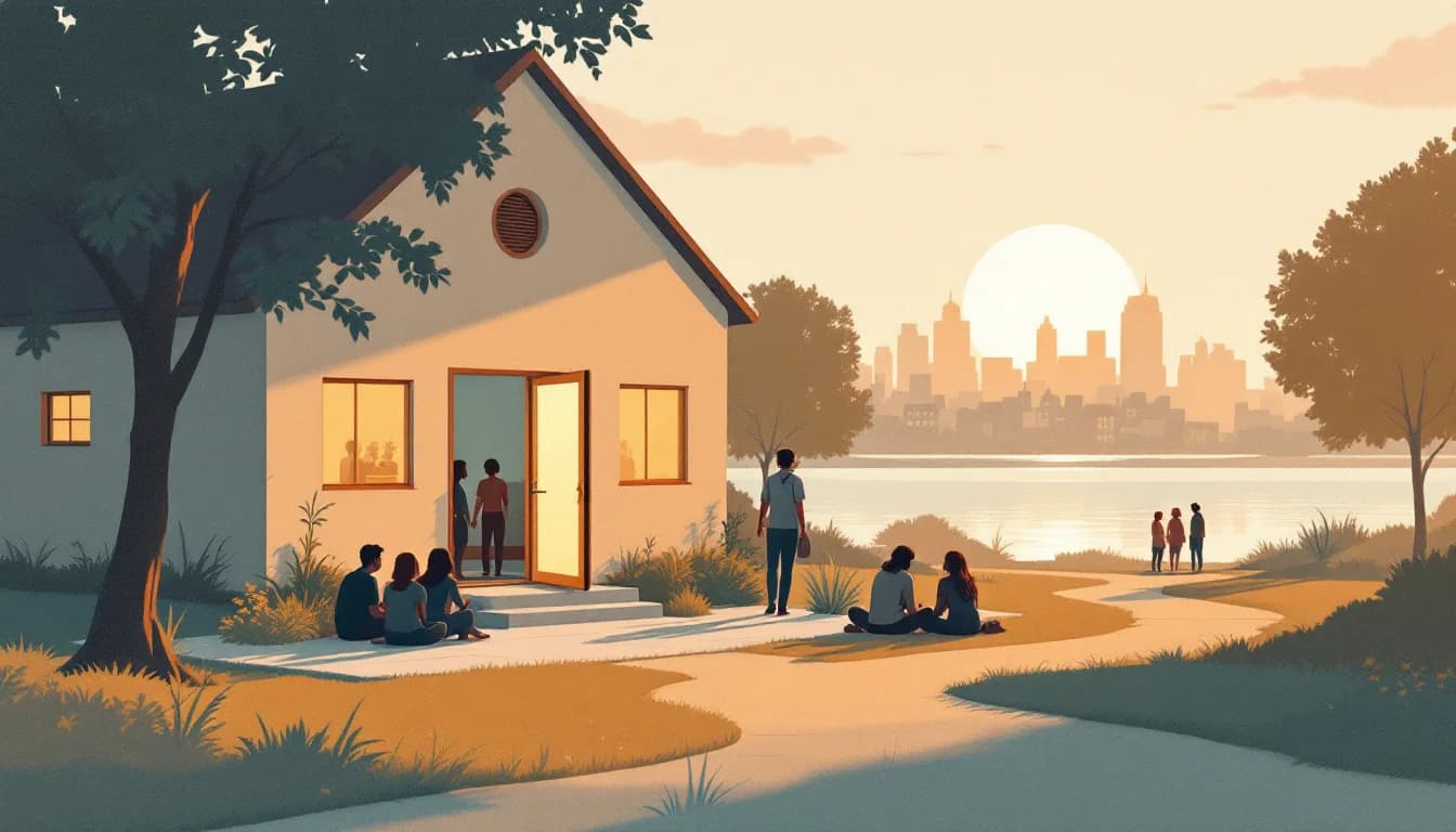 Warm editorial illustration of a community drop-in center with open doors and a peer support network in soft muted tones