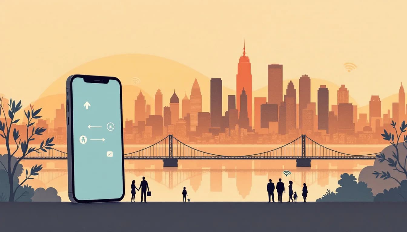 Warm editorial illustration of a phone screen with care navigation symbols and a city skyline in soft muted tones