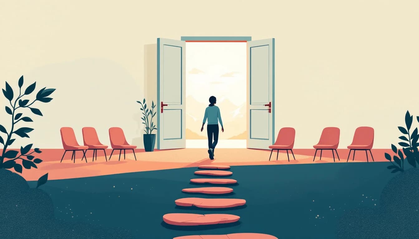 Editorial illustration of an open meeting-room door with empty chairs arranged in a circle