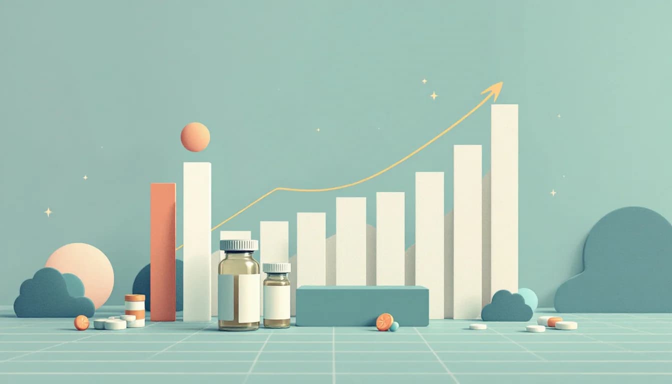 Editorial illustration of a declining line chart beside a stack of prescription vials on a dark desk