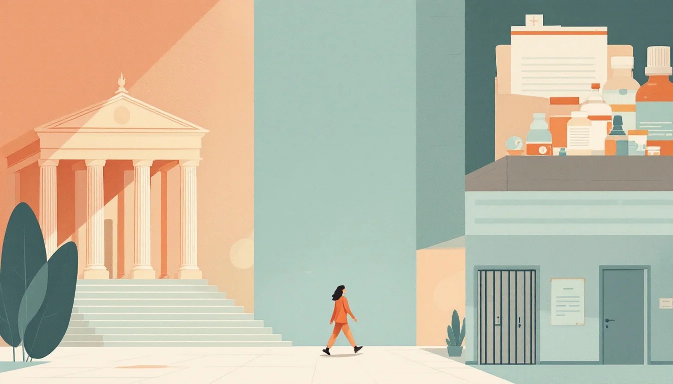 Courthouse columns with scales of justice, pharmacy counter silhouette and sealed evidence folder, warm editorial illustration
