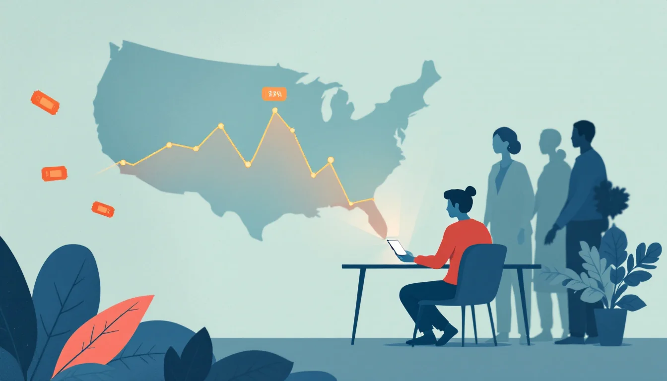 United States map outline with rising chart shapes, betting slips and a person seated facing a glowing phone screen, warm editorial illustration