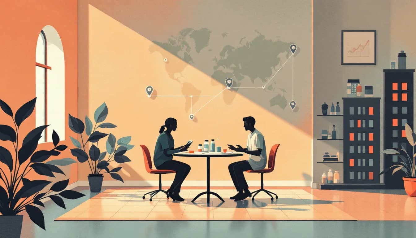 Pharmacist and physician silhouettes conferring over a care plan in a primary care clinic, with medication vial symbols, warm editorial illustration