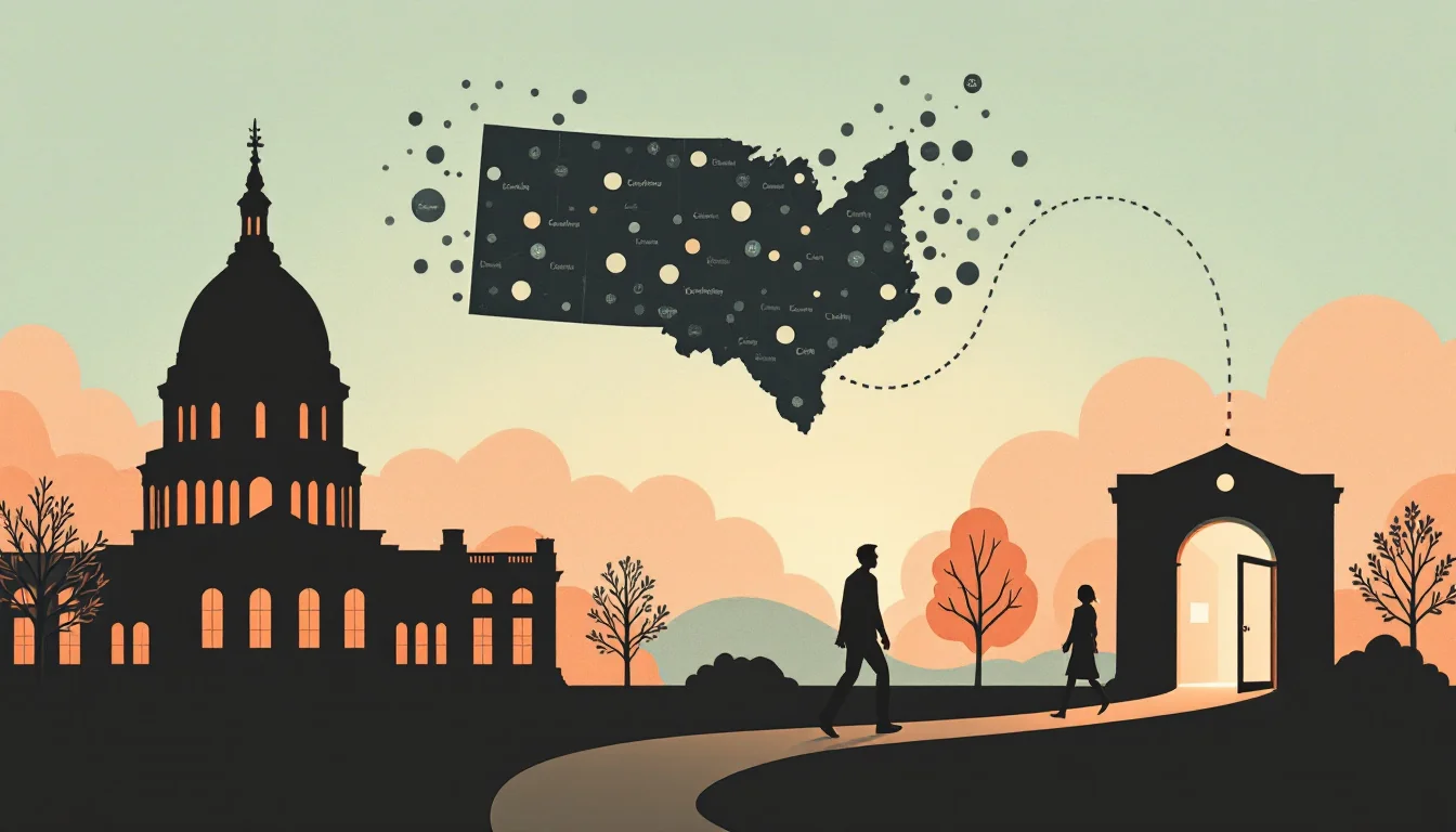 State capitol silhouette with a phone screen showing abstract list rows, pathway linking rural county dots to a clinic, warm editorial illustration