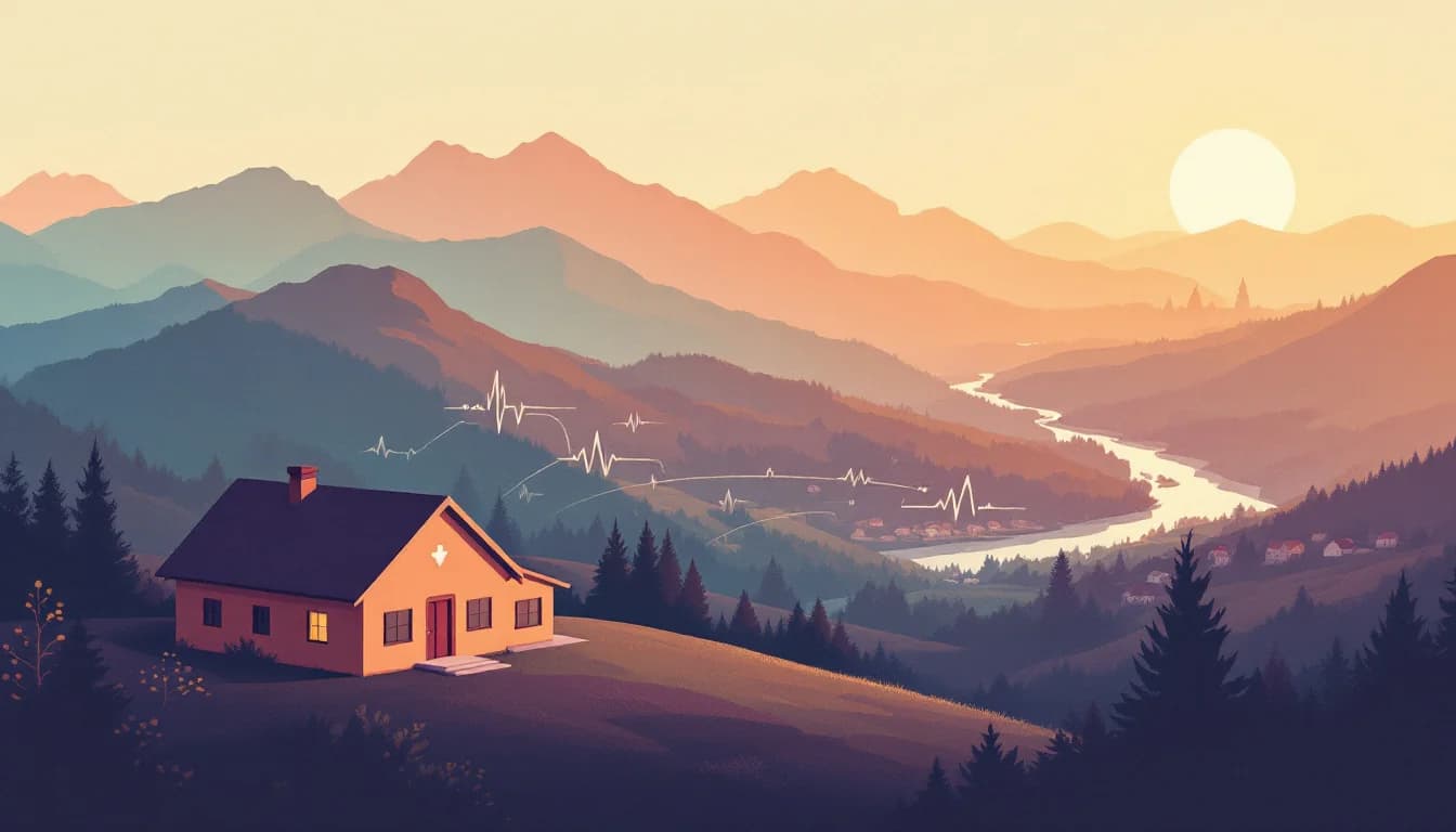 Appalachian mountain ridge with a rural clinic, wearable sensor symbols and monitoring arcs reaching scattered homes, warm editorial illustration