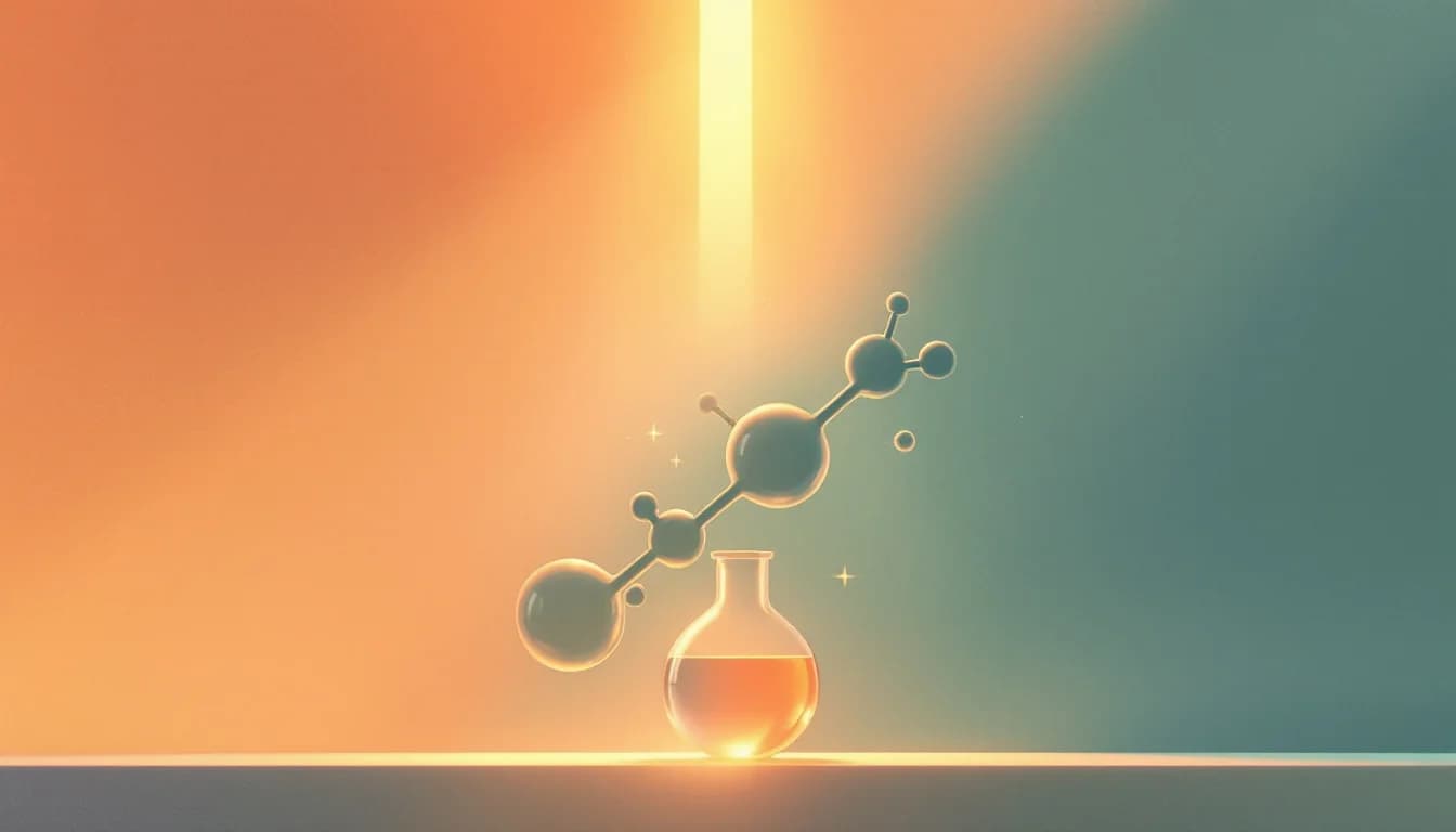 Warm editorial illustration of a beam of light illuminating a stylized molecule above laboratory glassware