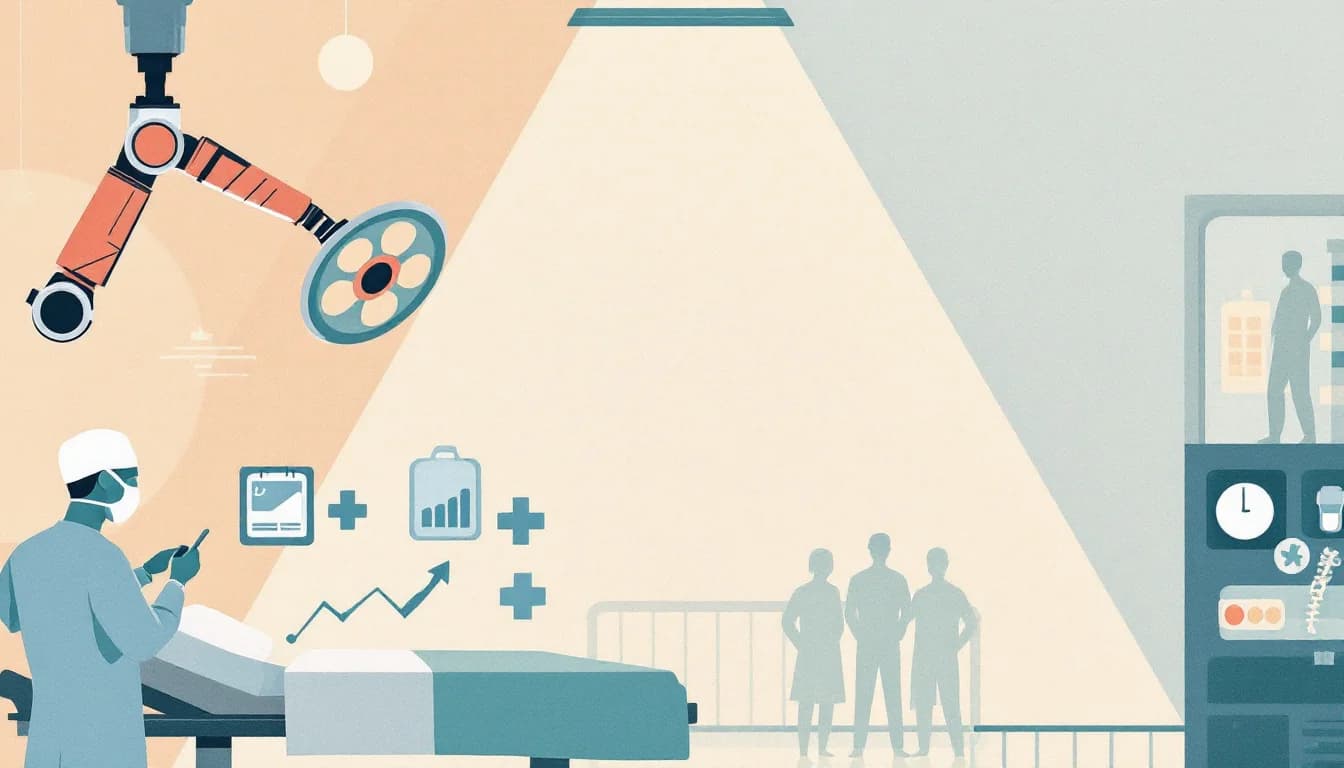 Operating room with a robotic surgical arm silhouette, spine model and medication symbols, warm editorial illustration