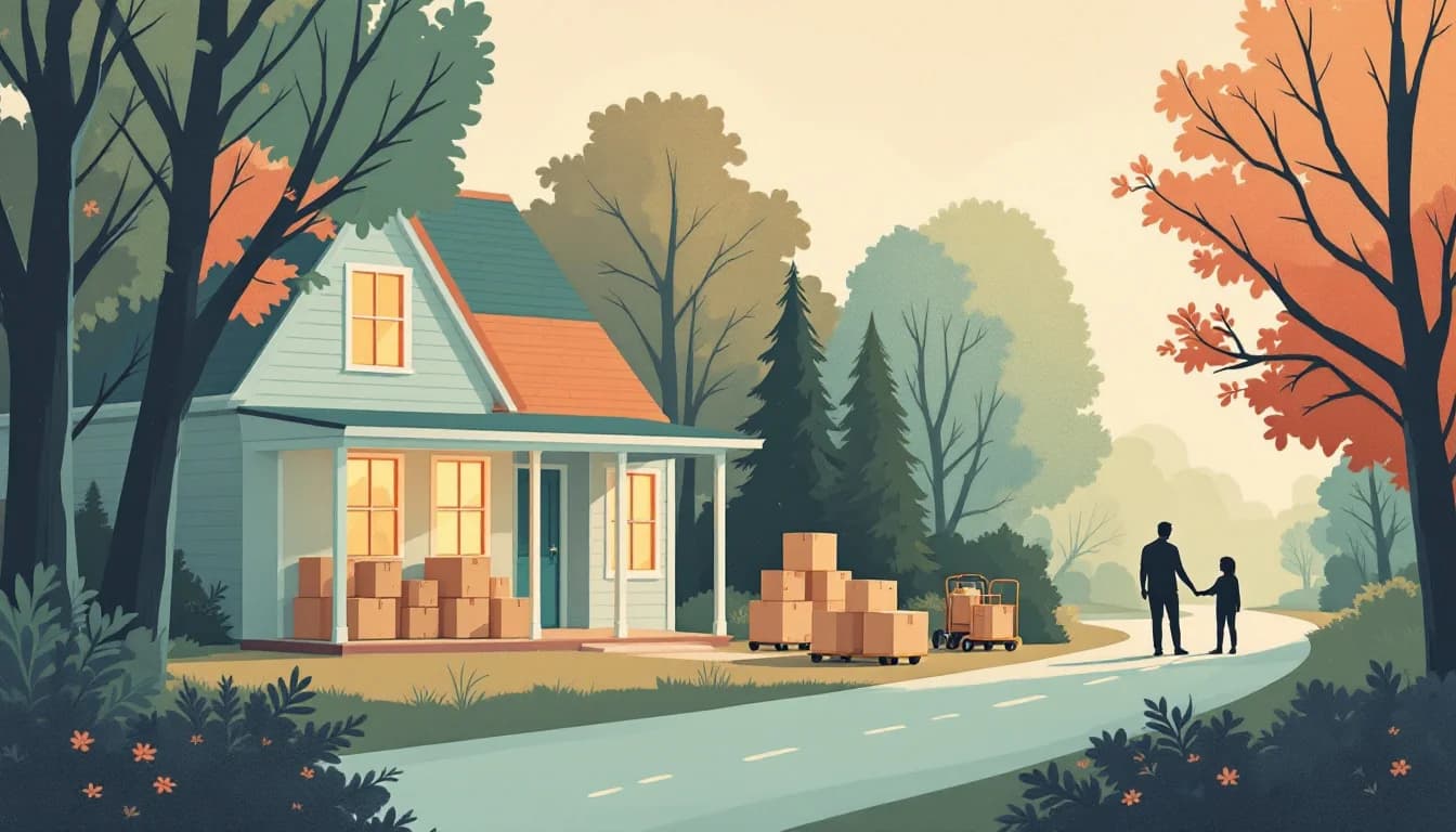 A quiet residential treatment house with an empty walkway and soft morning light, warm editorial illustration