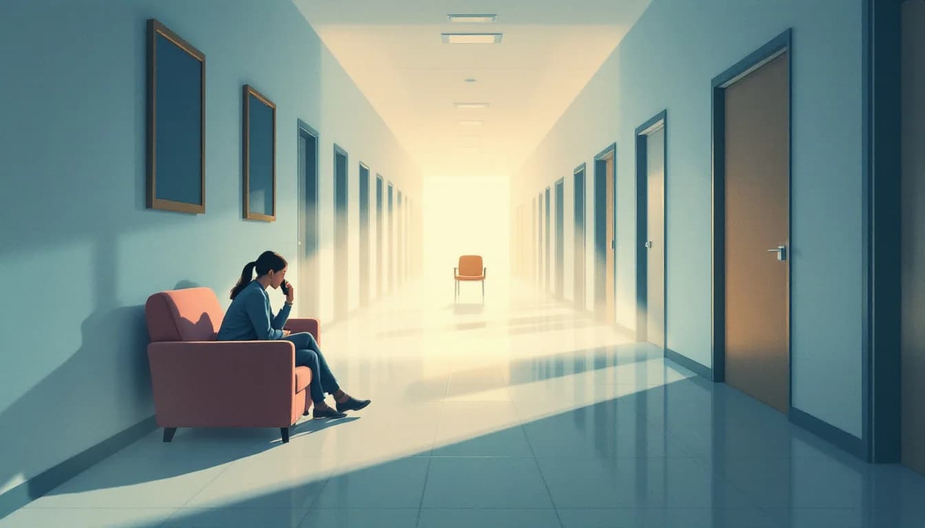 A person on a couch holding a telephone, a corridor of closed office doors fading into mist behind them, warm editorial illustration