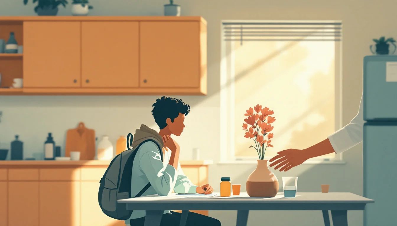 A teenager at a kitchen table with a backpack and an open medicine cabinet behind, a parent's hand reaching across, warm editorial illustration