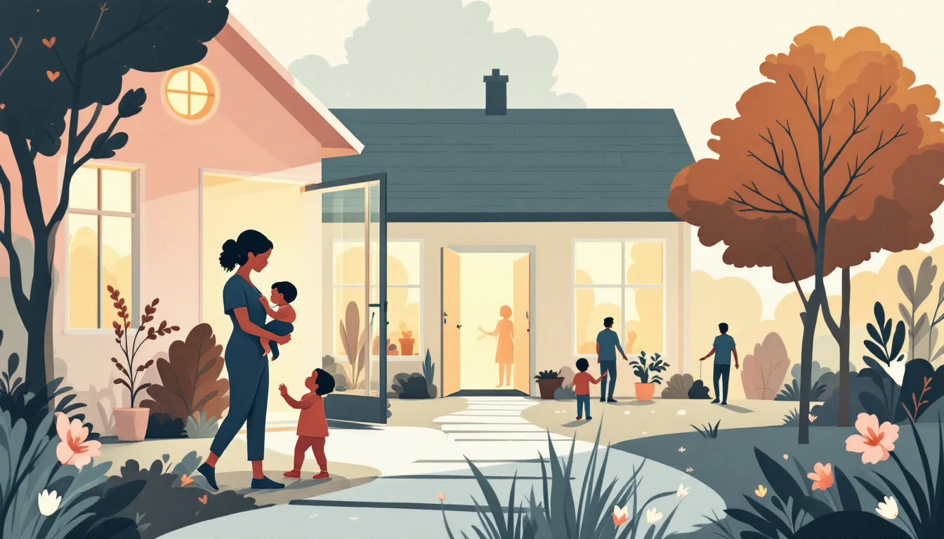 A residential home with open doors and a mother holding an infant, surrounded by psychiatric care and recovery symbols, warm editorial illustration